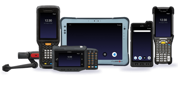 Collection of rugged devices, including handheld barcode scanners and rugged tablets, demonstrating support for diverse hardware platforms for rugged device management.