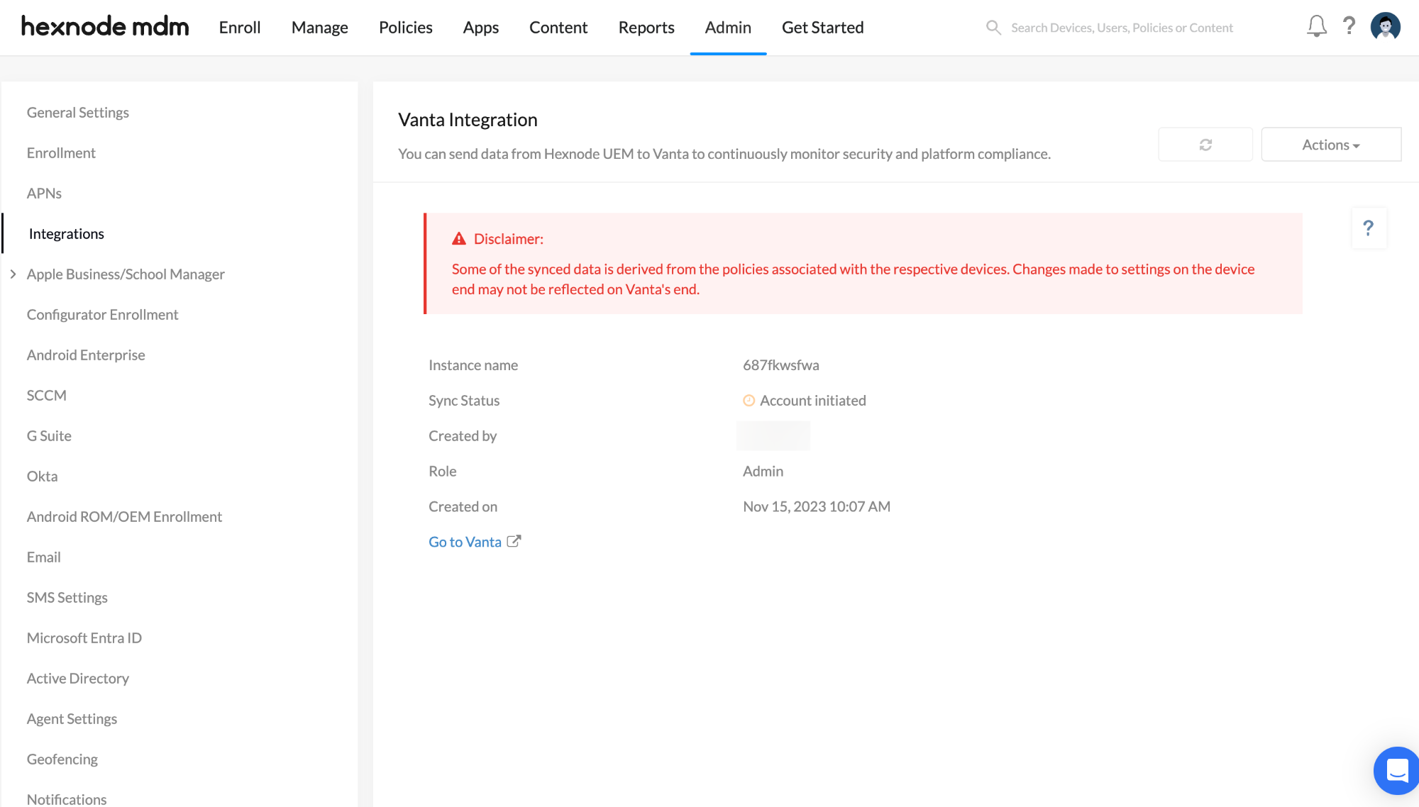 Disclaimer Shows At Vanta Integration Page Unified Endpoint