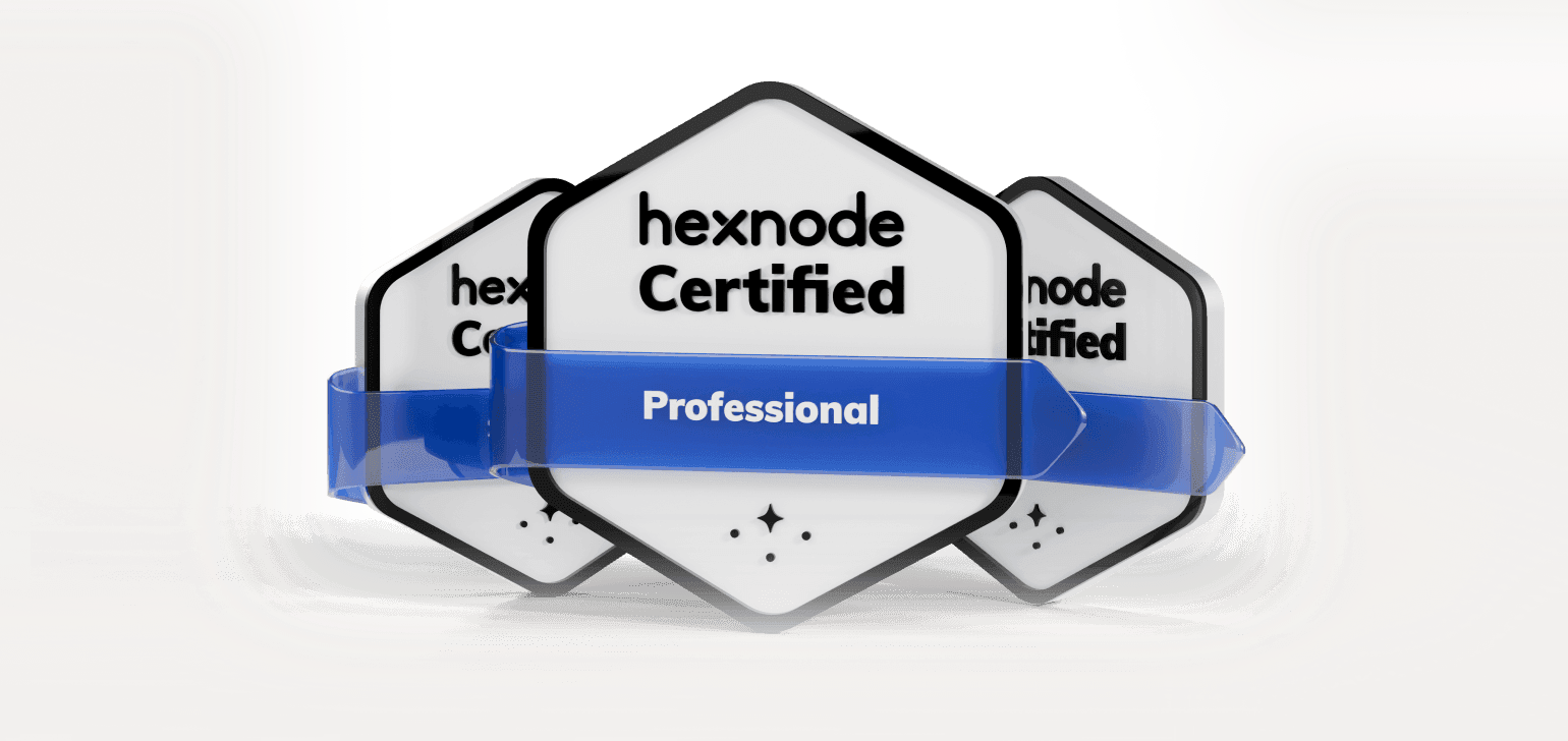 Digital badges for Hexnode Certified Professionals, signifying expertise in mobile device management and security certifications.