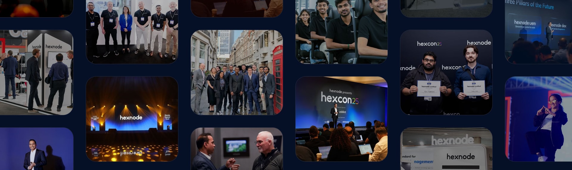 The global Hexnode team at various corporate events, showcasing the unified workforce that manages millions of endpoints and serves 13,000+ customers worldwide.