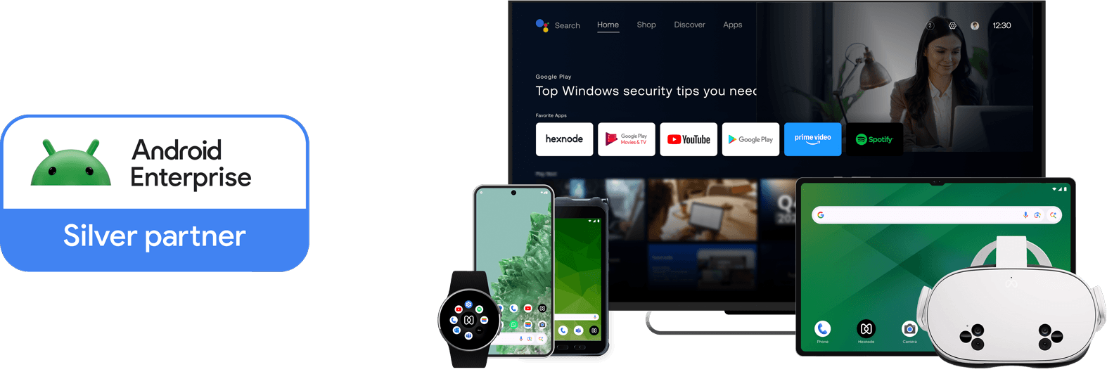 Hexnode’s Android Enterprise Silver Partner badge and Illustration of diverse Android devices (smartphone, tablet, TV, smartwatch, VR headset) managed from a single point.
