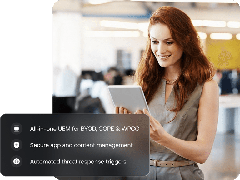Professional woman smiling while using a tablet, overlaid with a list of features including BYOD, COPE, and WPCO of the Android device management solution by Hexnode.