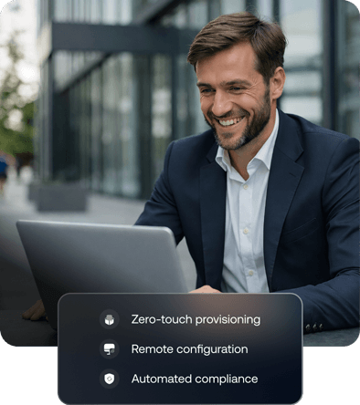 A business professional managing Apple devices efficiently through Hexnode UEM platform, highlighting simplified device control and productivity.
