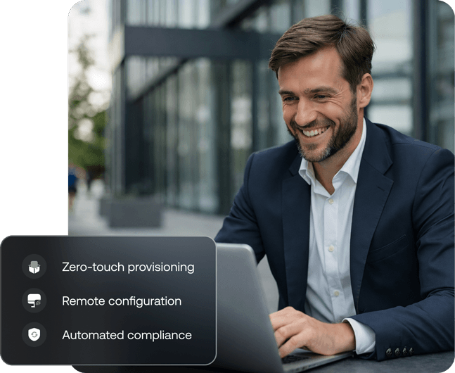 A business professional managing Apple devices efficiently through Hexnode UEM platform, highlighting simplified device control and productivity.