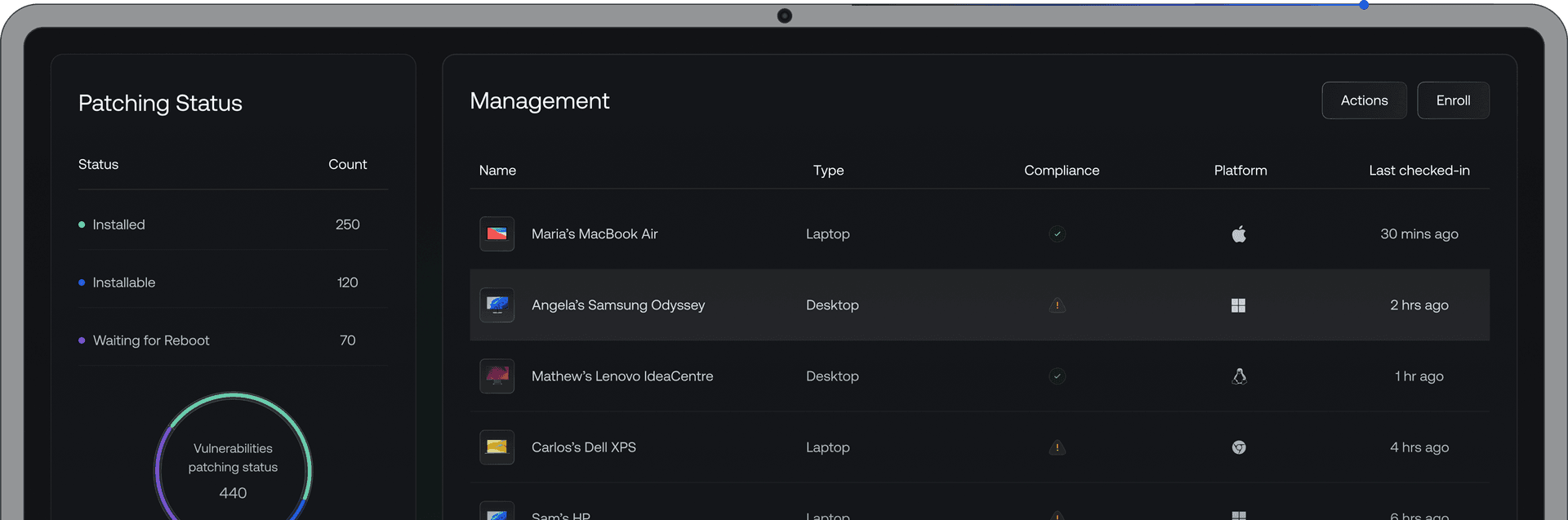 Patch Management dashboard showing device details, compliance, installed/installable patches, and vulnerabilities while an update is being installed