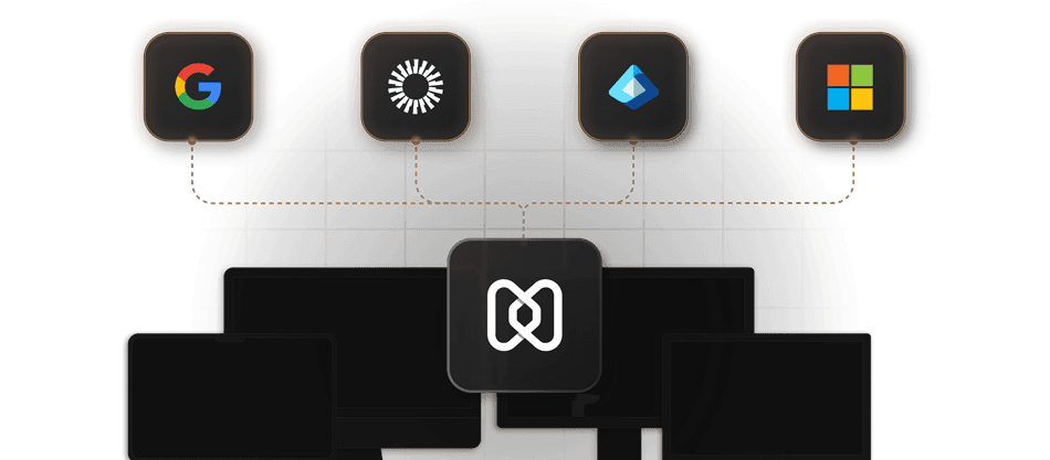 Hexnode icon connecting multiple platforms (Google, Microsoft, etc.) to various devices depicting integrations.