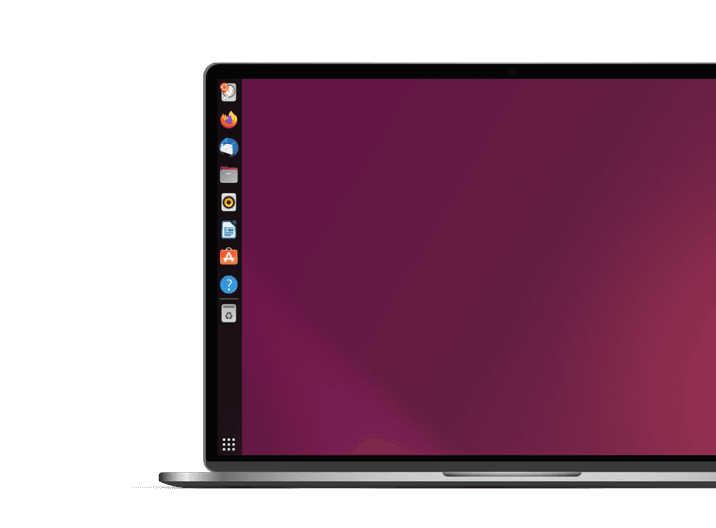 Close-up of a laptop displaying a Linux desktop with app icons on the left dock.