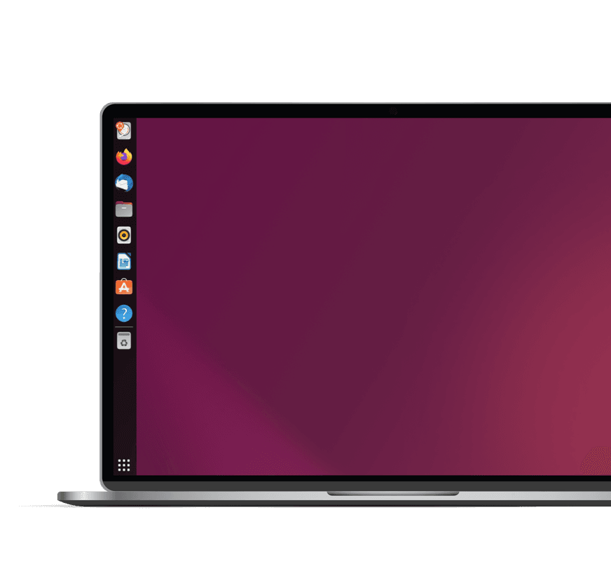 Close-up of a laptop displaying a Linux desktop with app icons on the left dock.