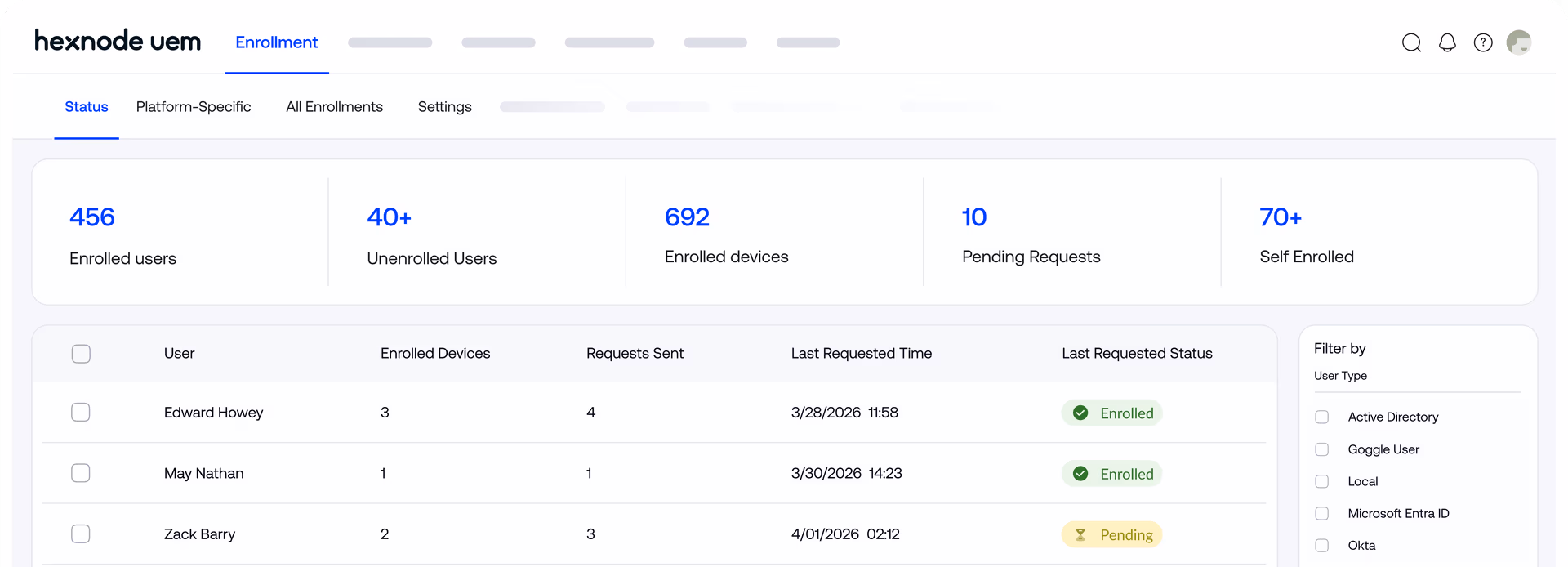 UEM enrollment dashboard showing enrolled users, devices, pending requests, and user enrollment status table