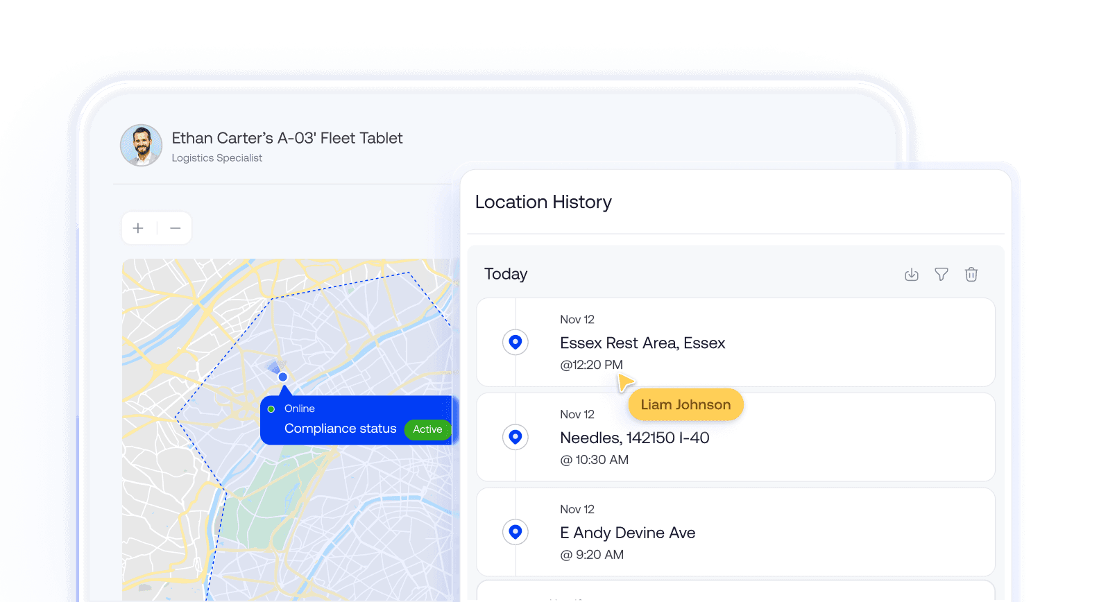A detailed map view coupled with a chronological location history log, tracking a device's movements in real-time