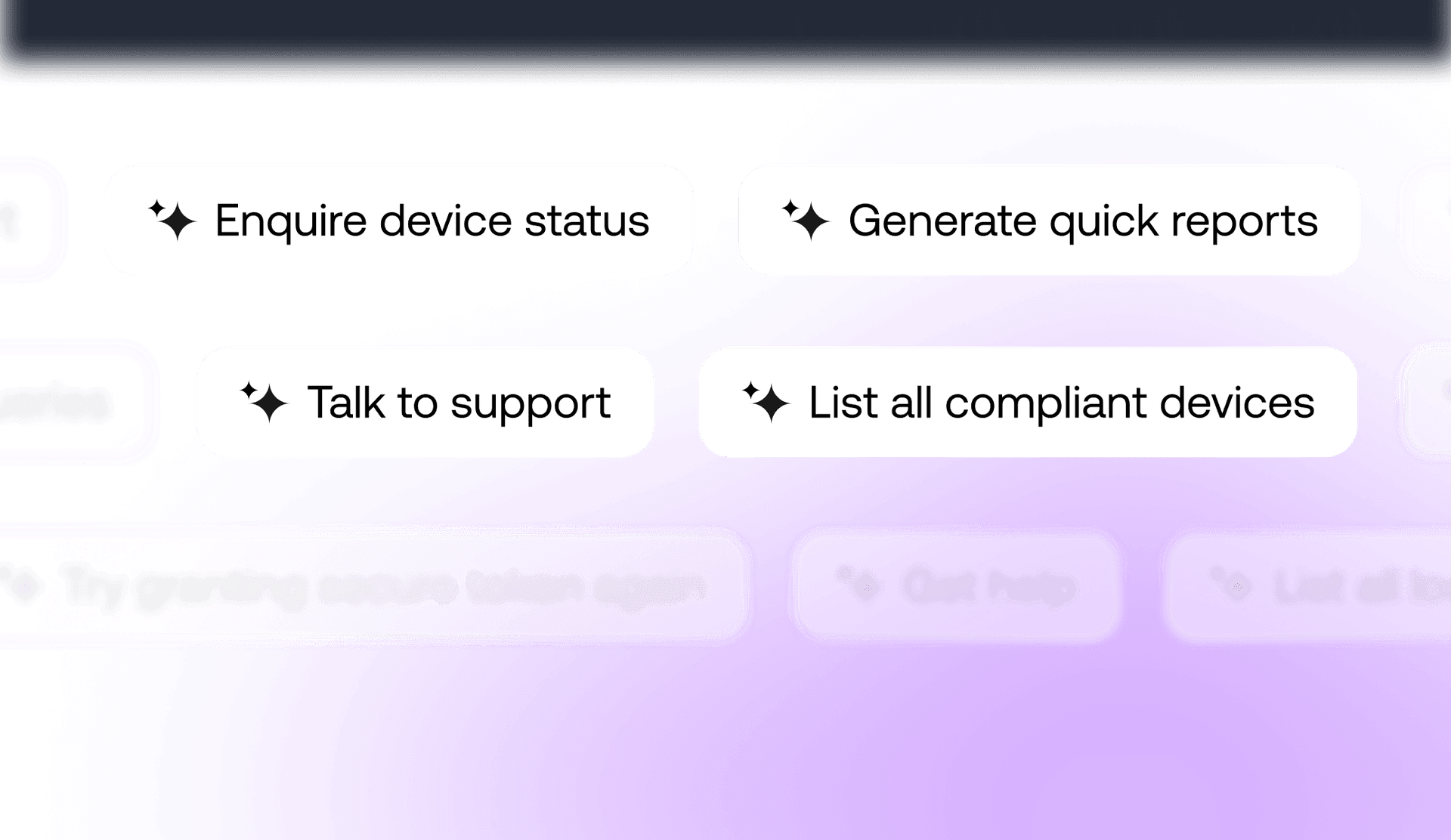 Interactive buttons in Hexnode Genie for device management: Enquire device status, Generate quick reports, Talk to support, and List all compliant devices.