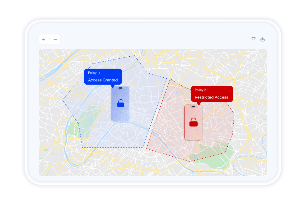 An illustration showing seamless policy movement between a blue secure zone and a red restricted zone.