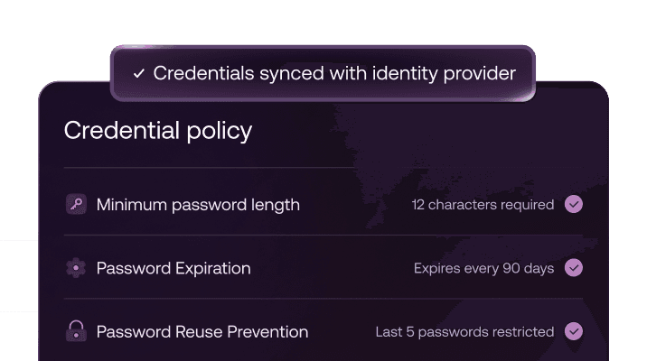 Credential policy interface showing password rules and synced identity provider credentials