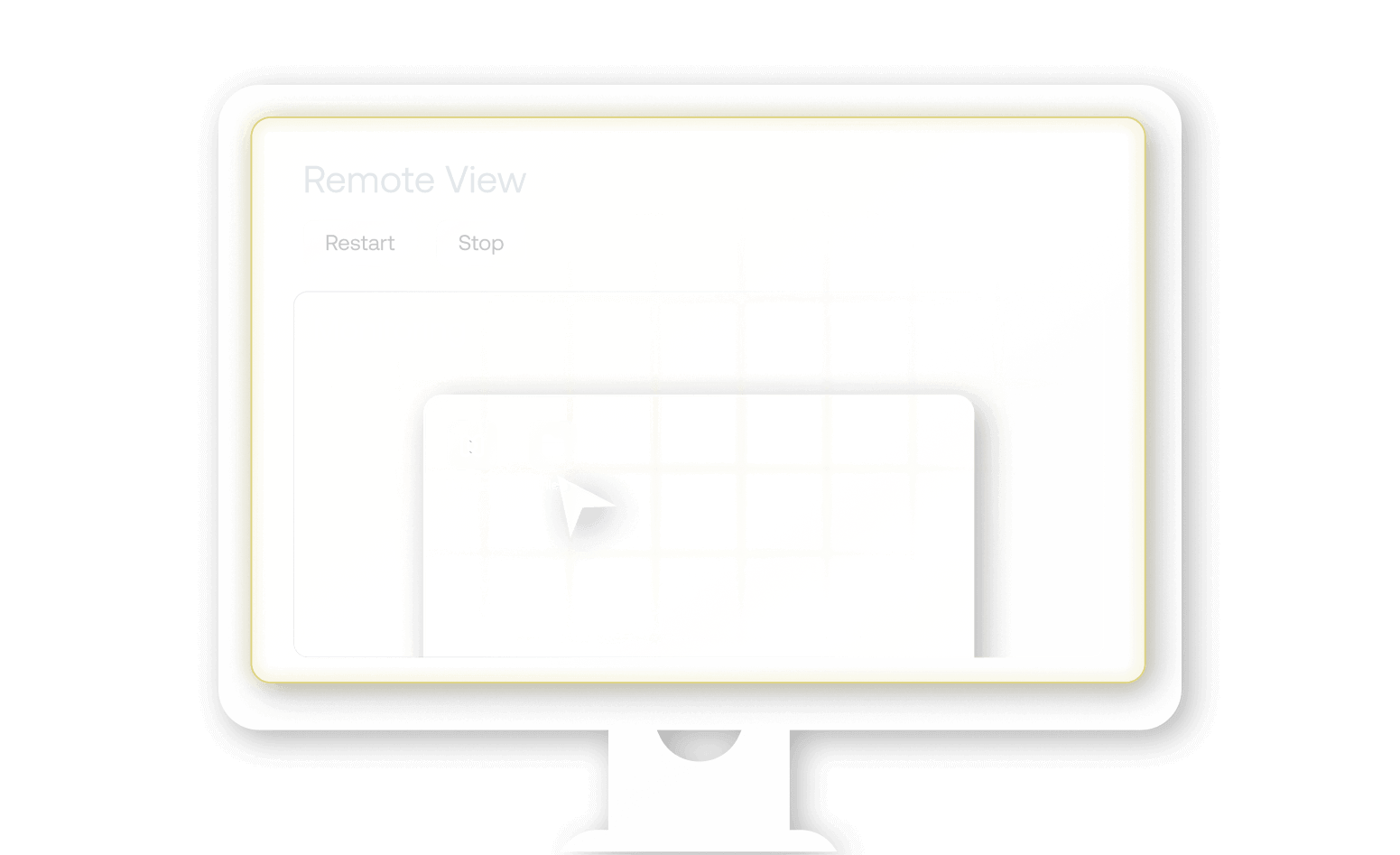 A Remote View monitoring window on a dark background showing a computer screen with "Restart" and "Stop" controls and a file directory overlay.