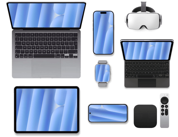 A visual representing complete control with Hexnode Unified Endpoint Management over various endpoints: laptops, smartphones, tablets, smartwatches, and VR headsets.