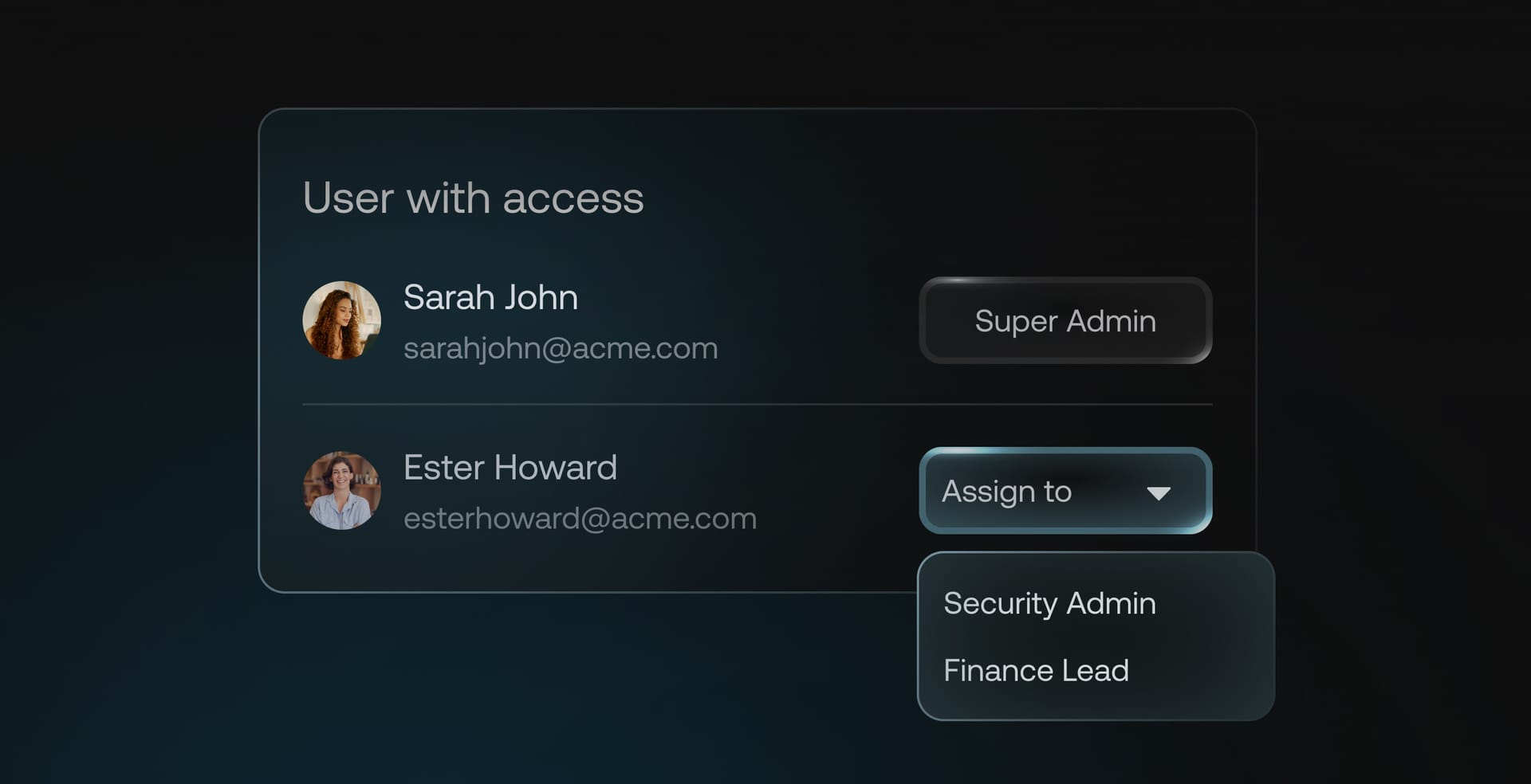 Interface for role based access control (RBAC), managing user permissions and administrative roles like Super Admin and Security Admin.