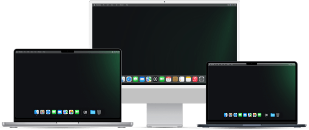 Three macOS devices - two MacBooks and an iMac, displayed together with their Dock visible, showcasing a unified macOS device environment.