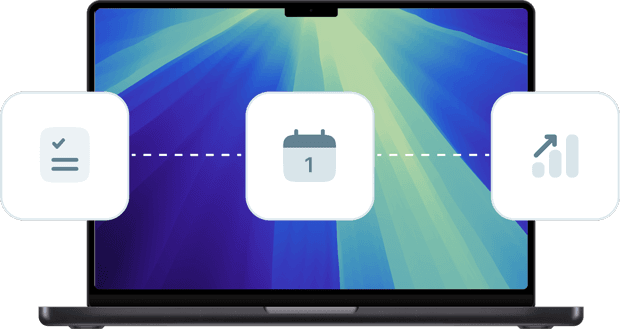 Mac laptop with three floating icons - task checklist, calendar, and analytics, representing growth and return on investment.