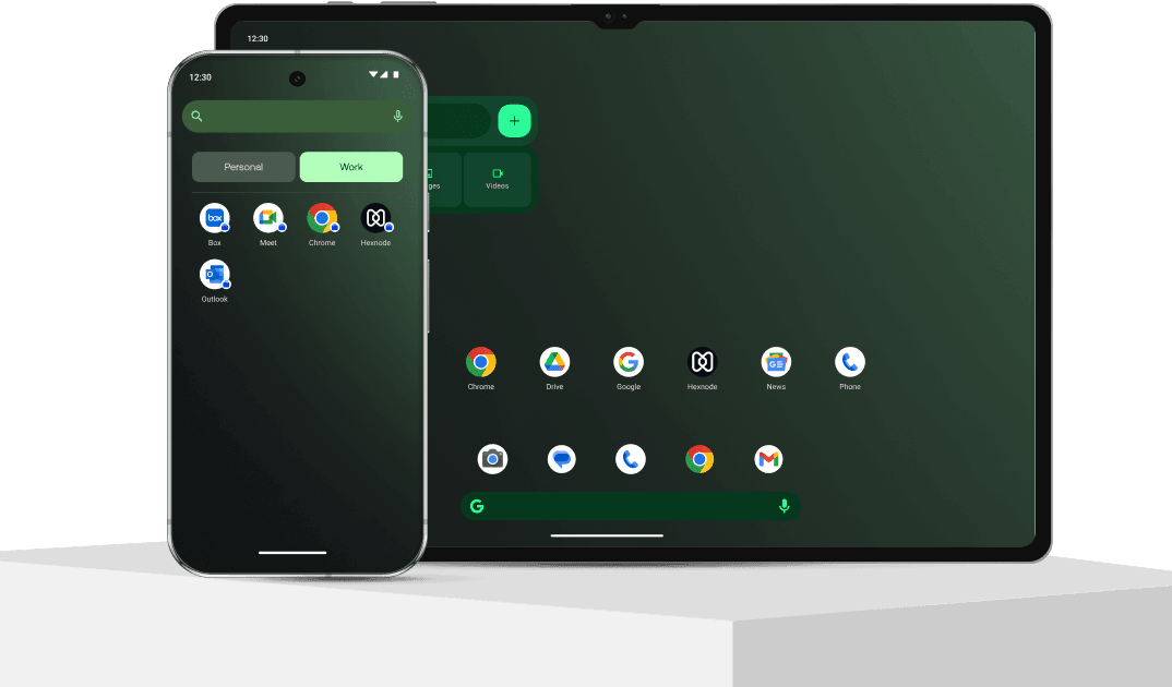 Android smartphones, tablets, rugged devices, and XR endpoints managed through Hexnode with zero-touch enrollment, kiosk, geofencing, and work profile controls.