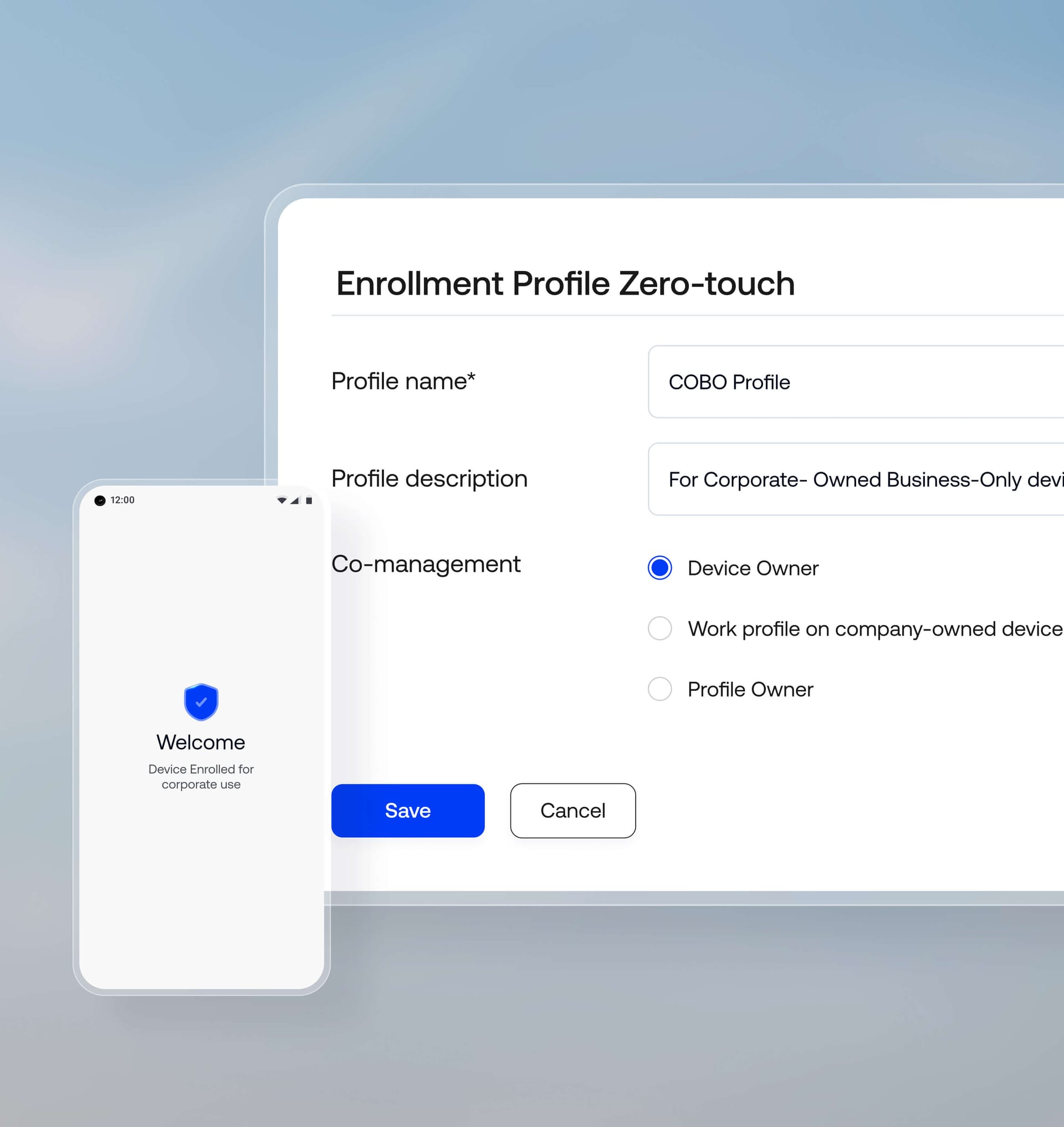 Business devices automatically enrolled, configured with policies, grouped, and prepared for employees through Hexnode zero-touch management.