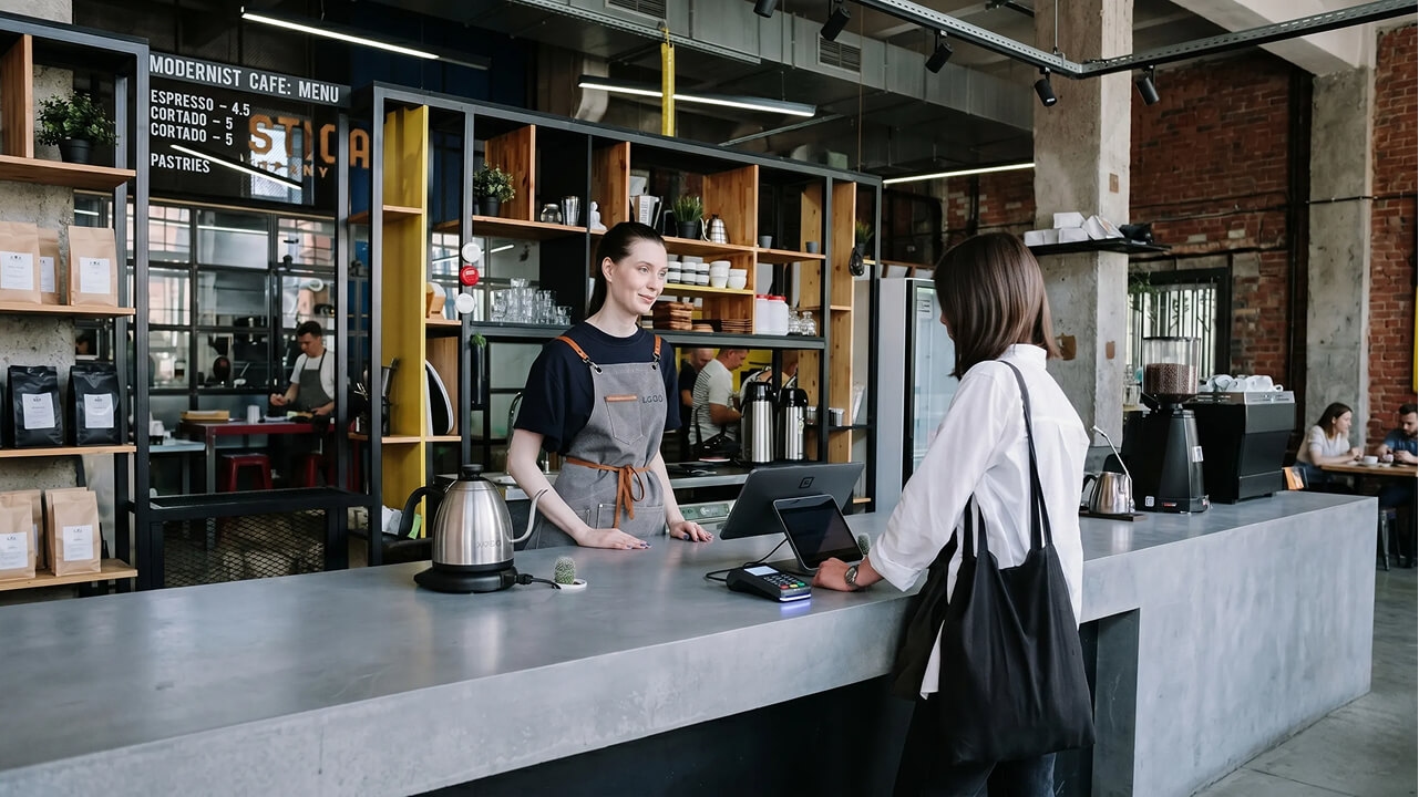 Customers and a barista in a coffee shop setting demonstrating point-of-sale device management.