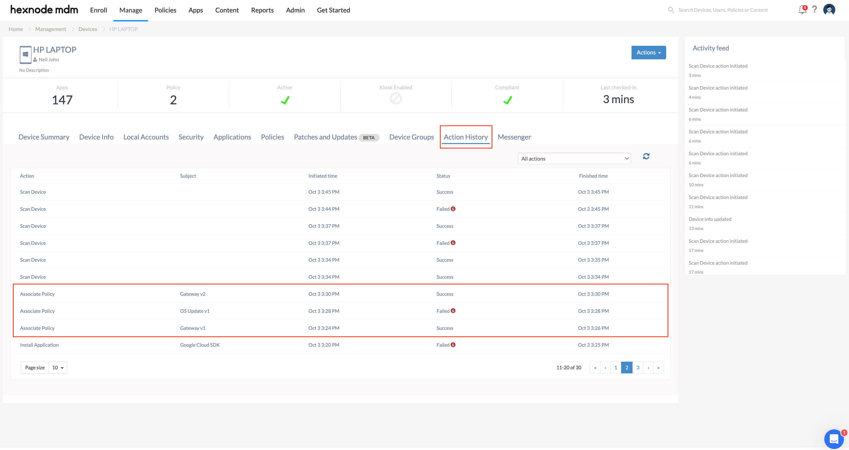 Action history tab showing the policy association details