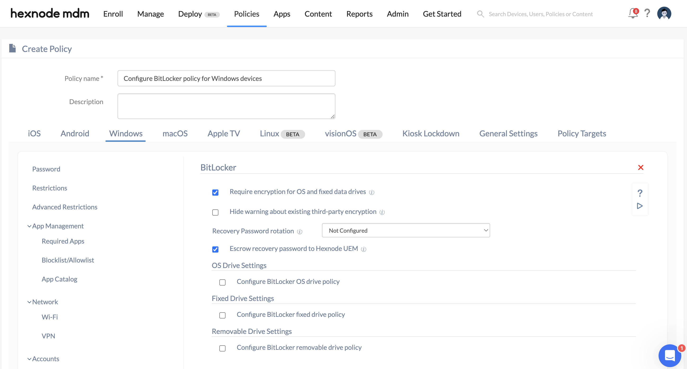 Configuring BitLocker policy for Windows devices via Hexnode UEM