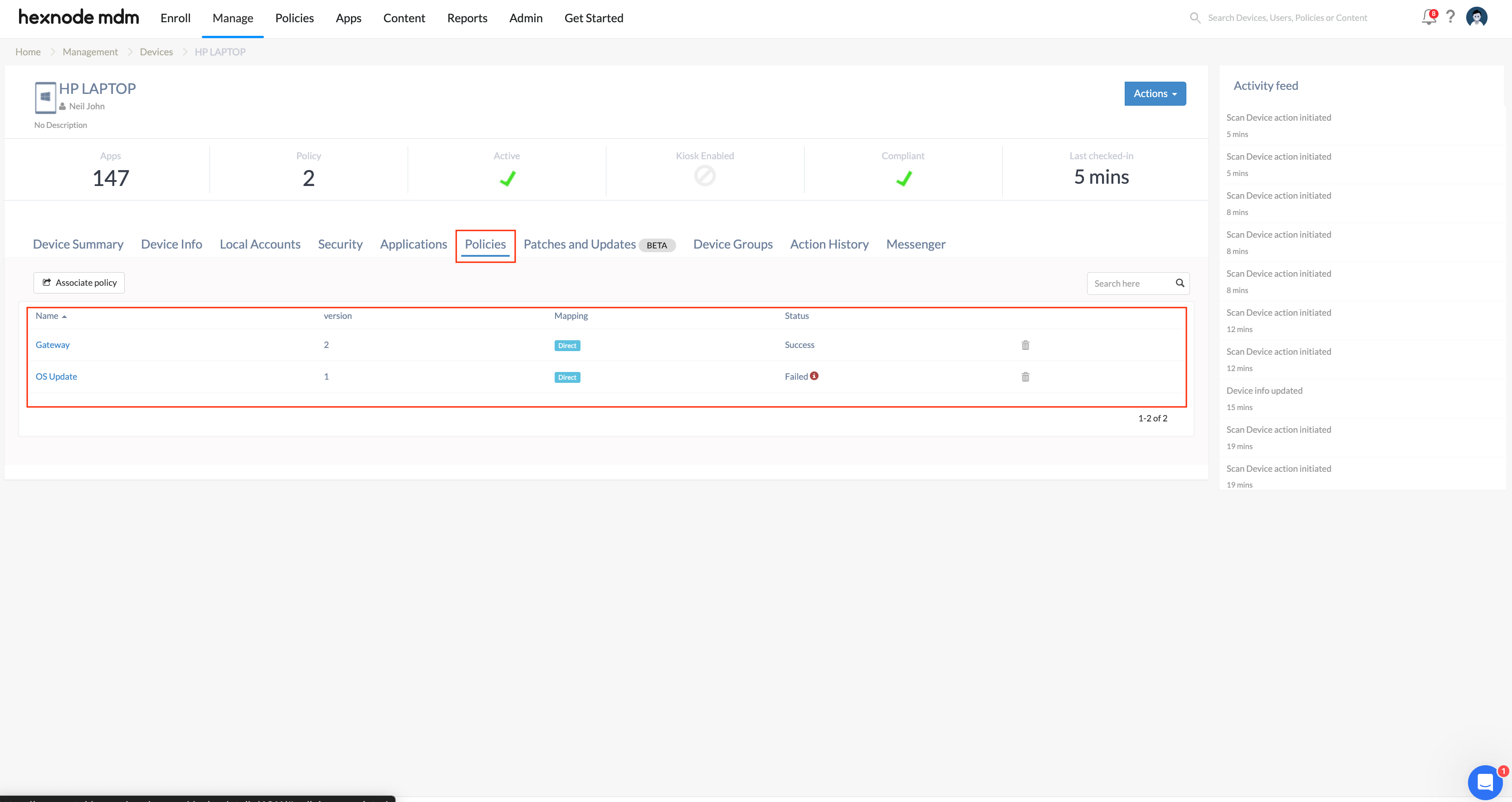 Policy tab showing the policy association details