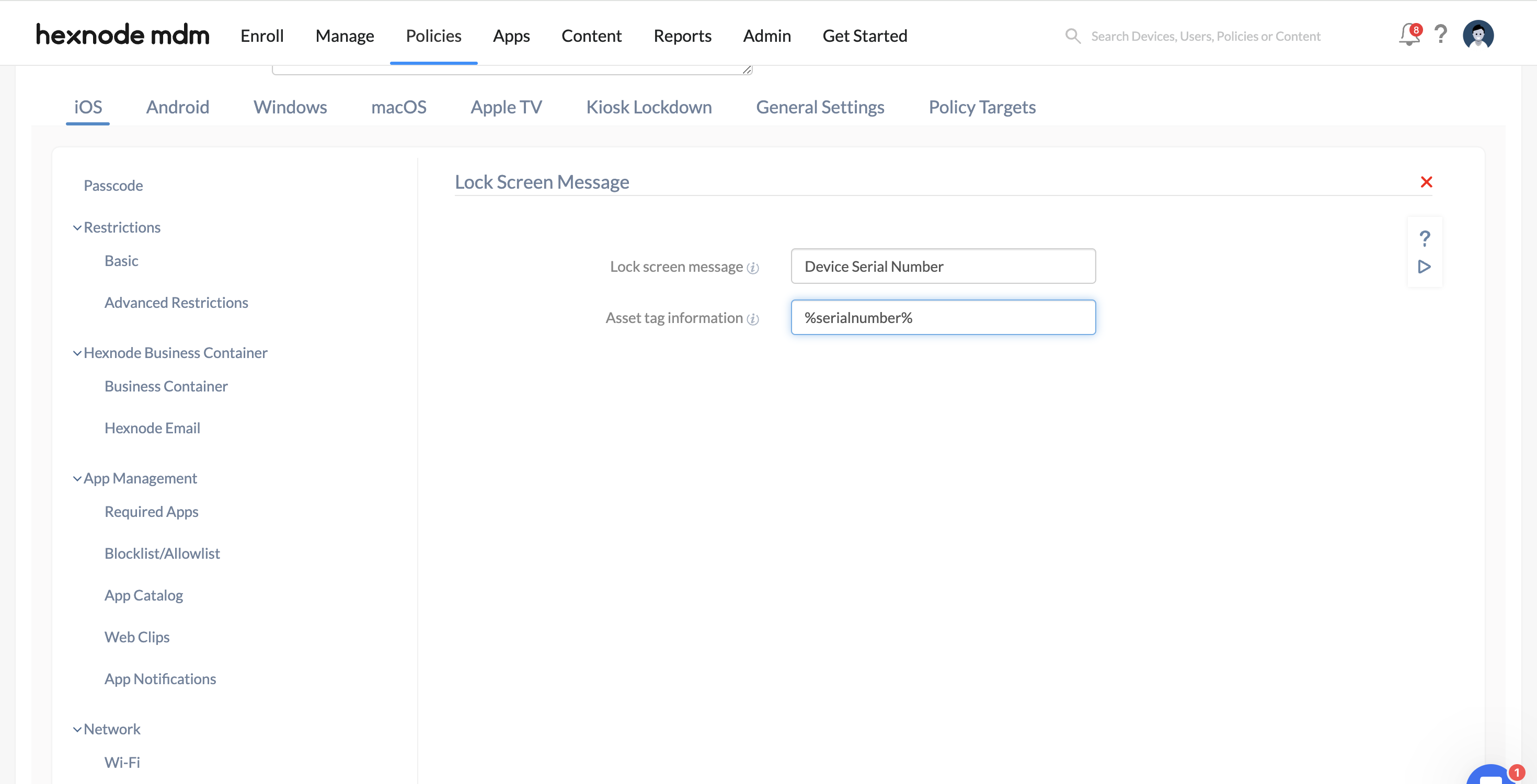 Configuring Lock Screen Message policy on Hexnode UEM.