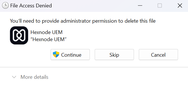 Notification when user tries to delete Hexnode UEM from Windows