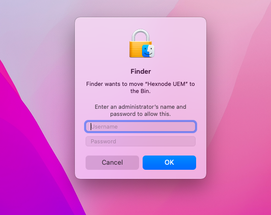 Notification when user tries to delete the Hexnode app on Mac