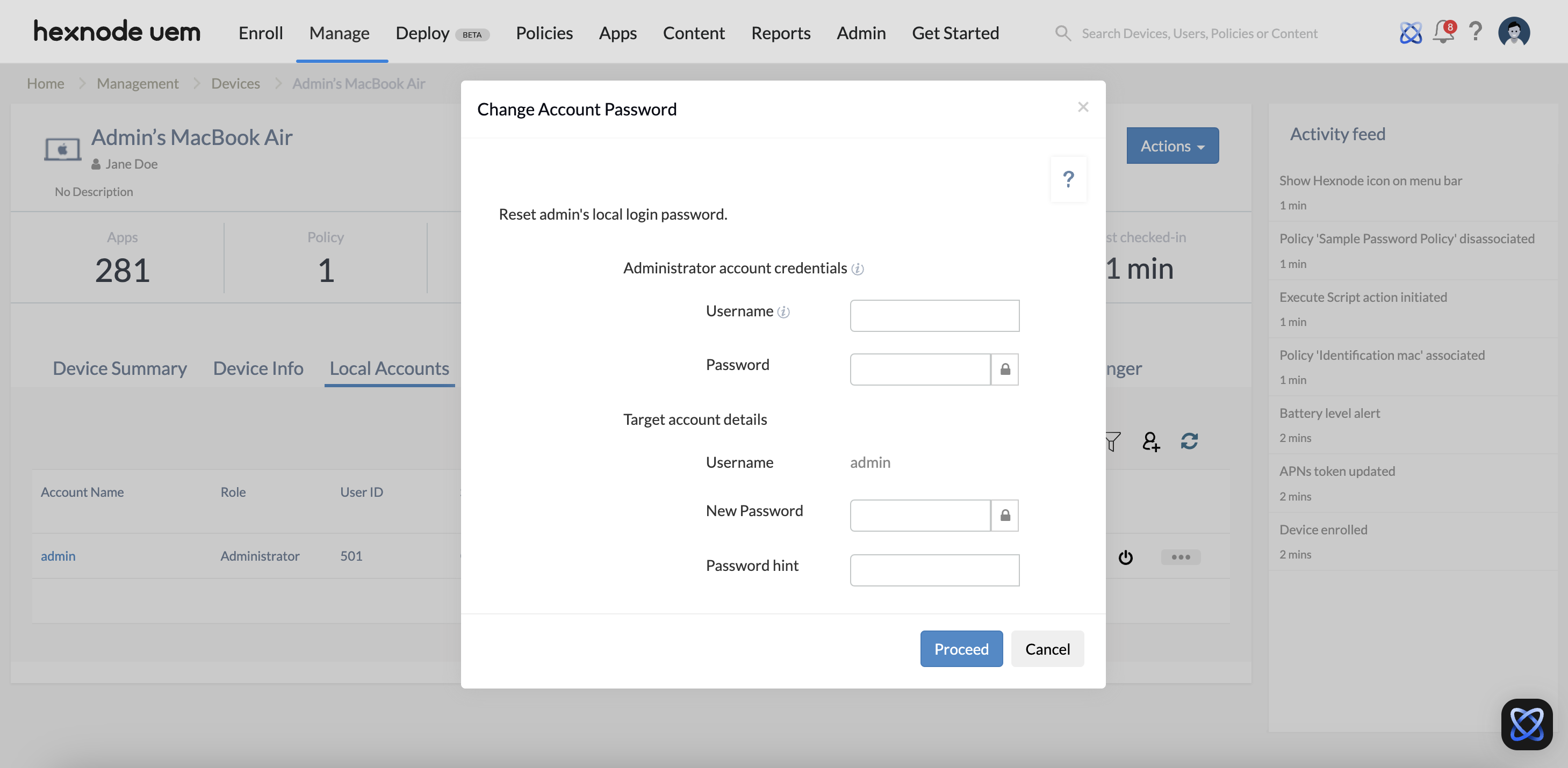 Change Password action in Local user management of Mac.