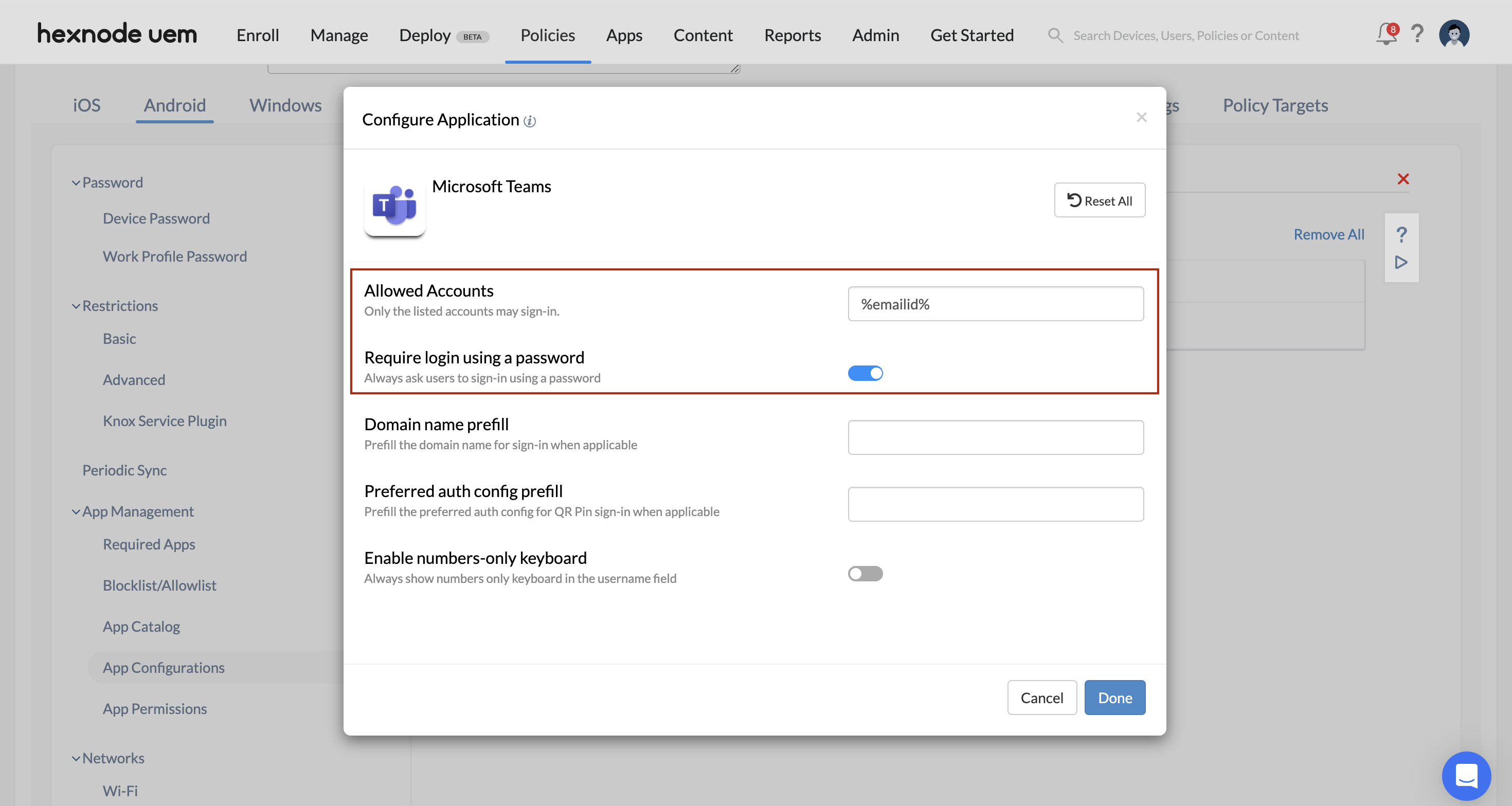 Configuring Microsoft Teams app in Hexnode UEM.