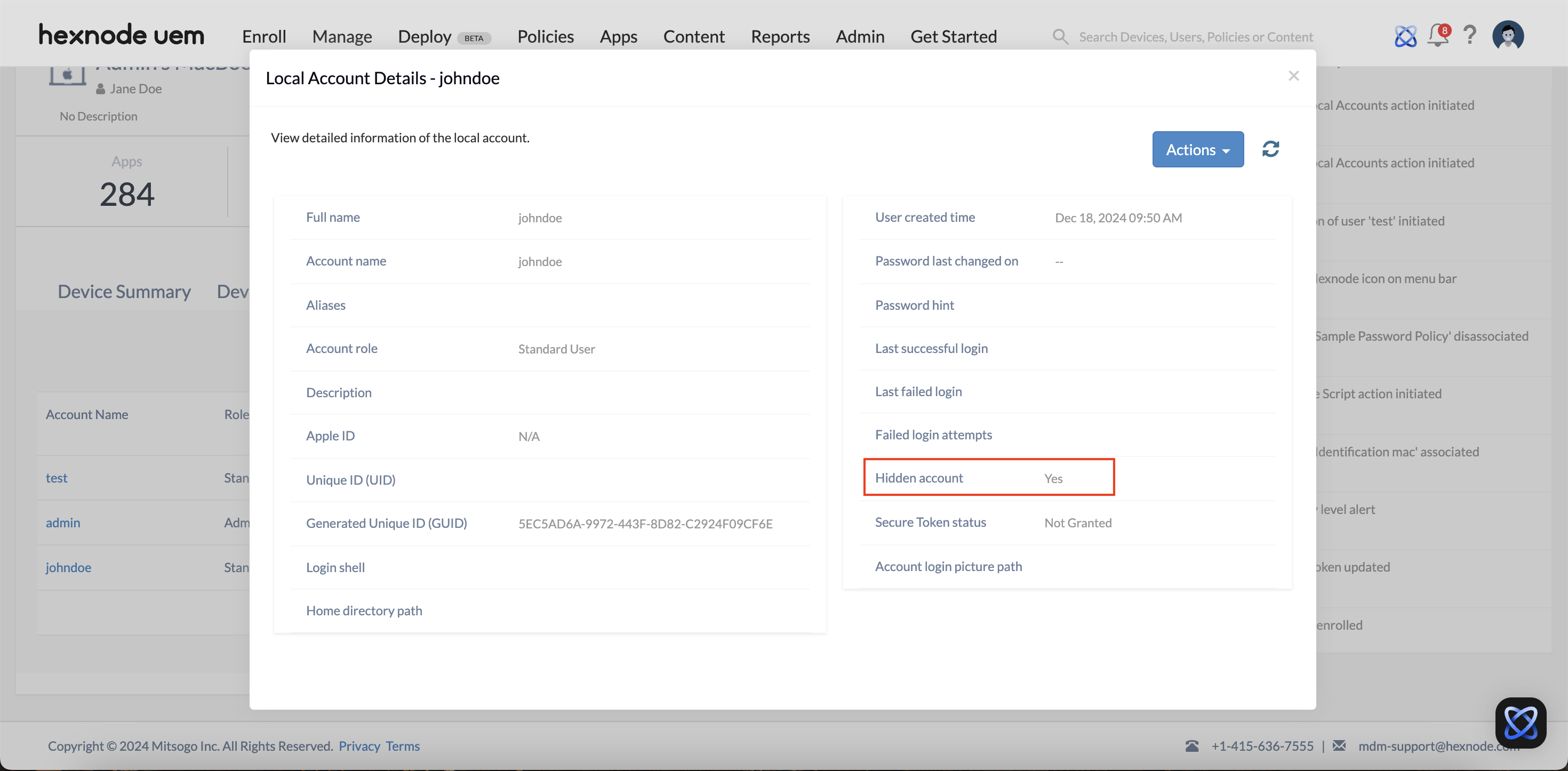 Visibility of hidden account in Hexnode UEM console.