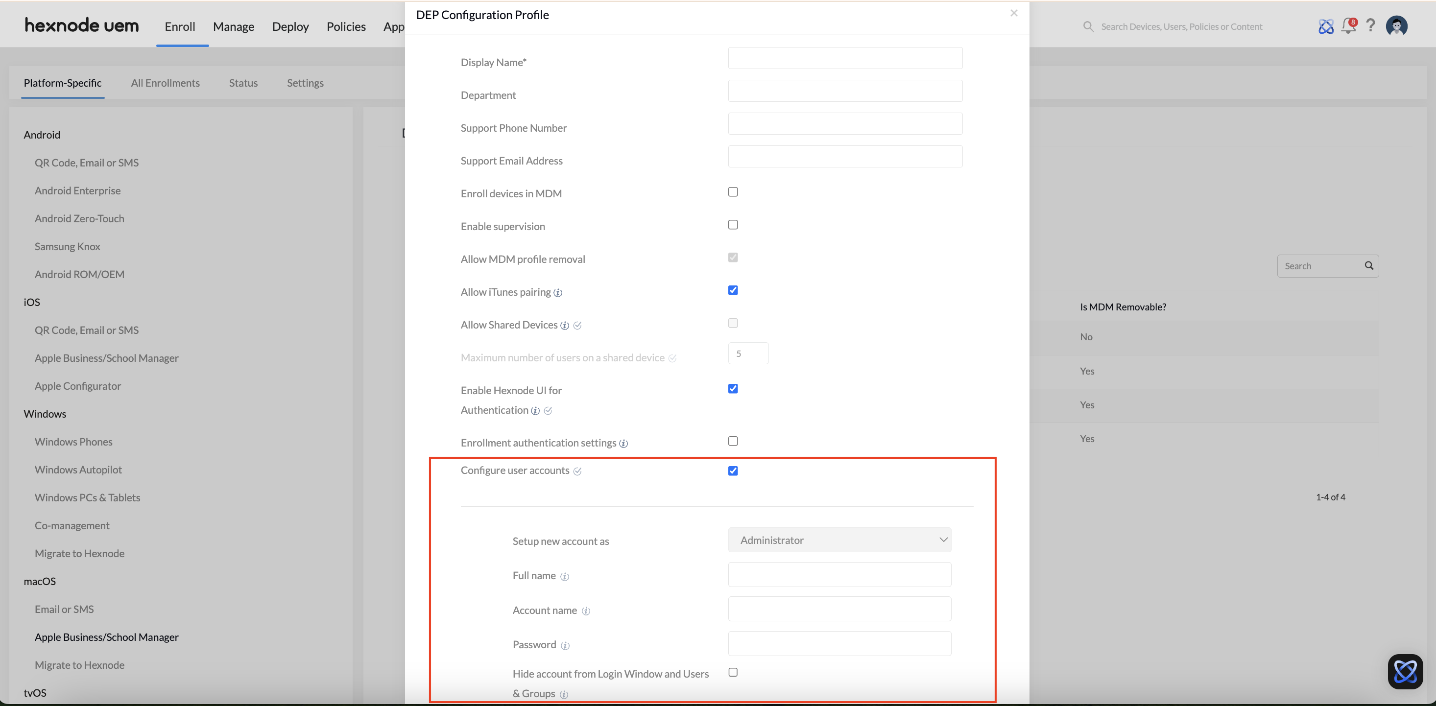 Configuring admin account via DEP configuration profile in macOS devices.