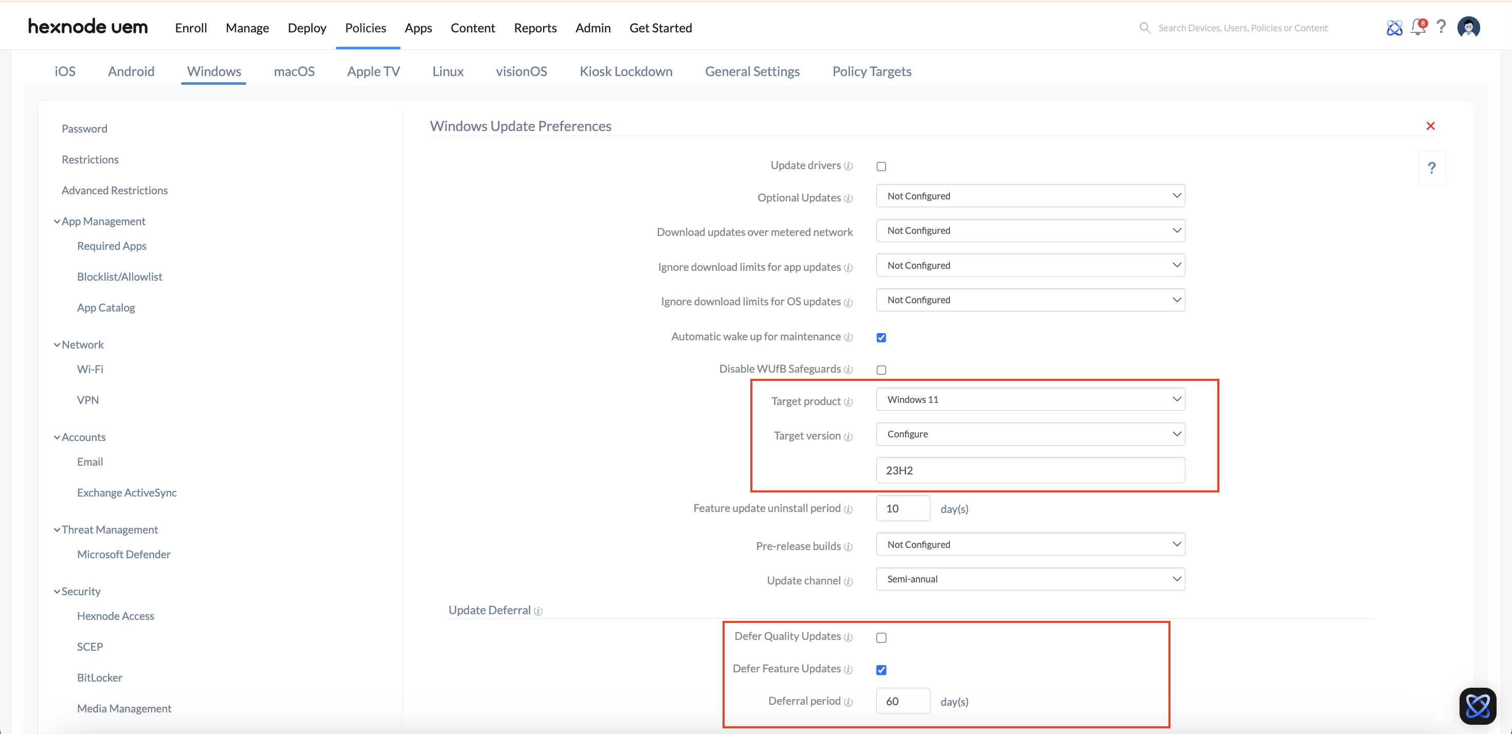 Configuring Windows Update Preference settings in Hexnode UEM portal.