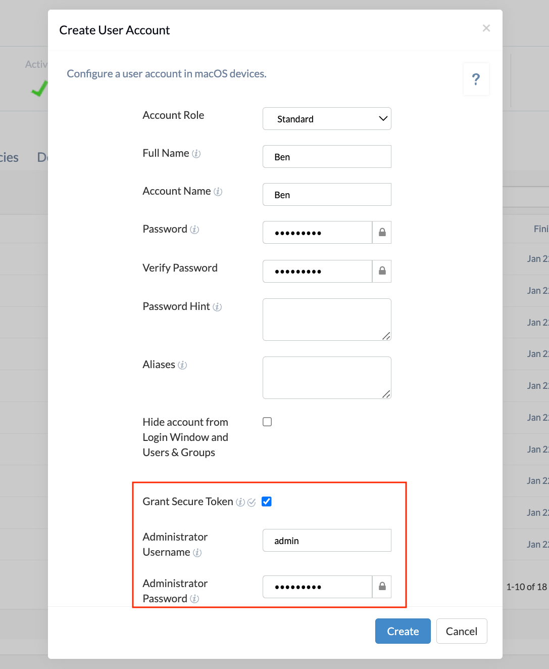 Option to grant secure token when creating a new user account