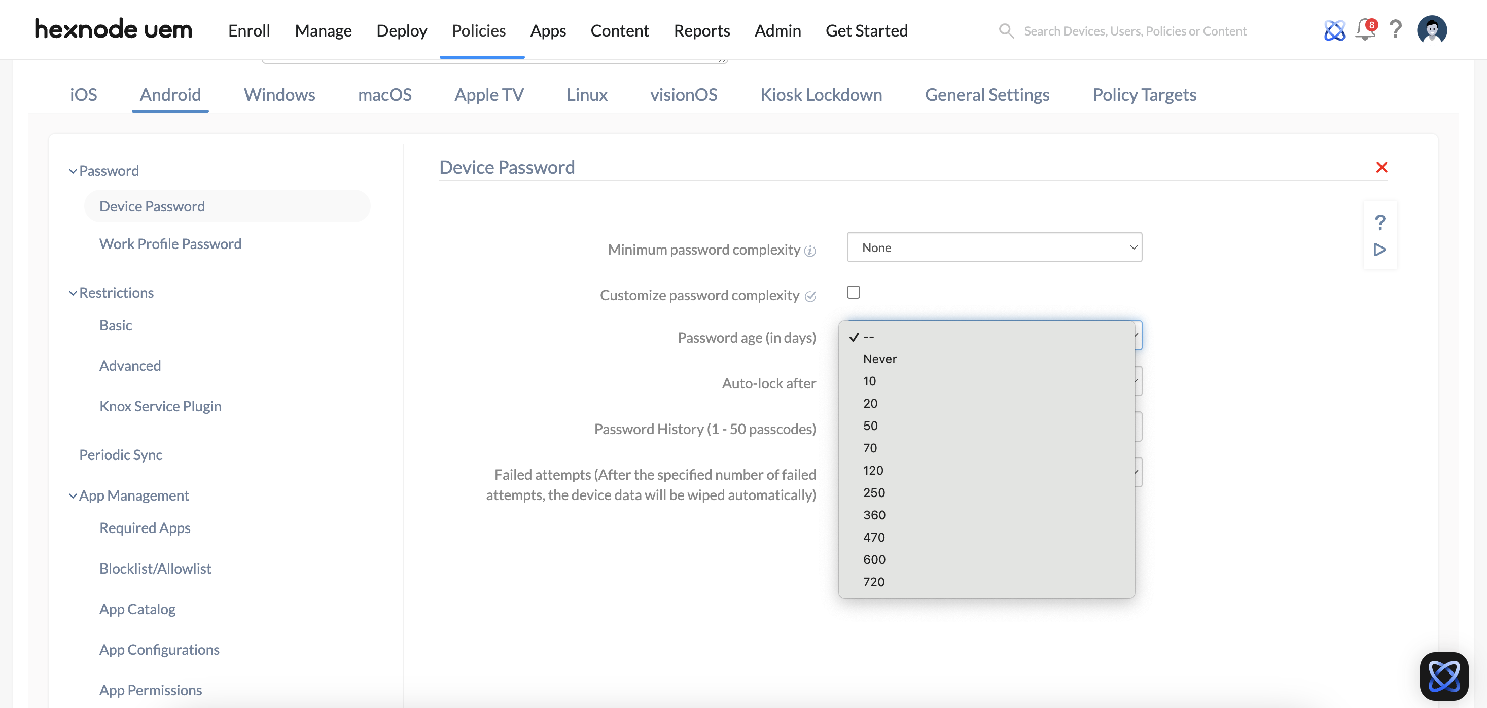 Setting device password age (in days) by configuring Device Password policy on Android devices.