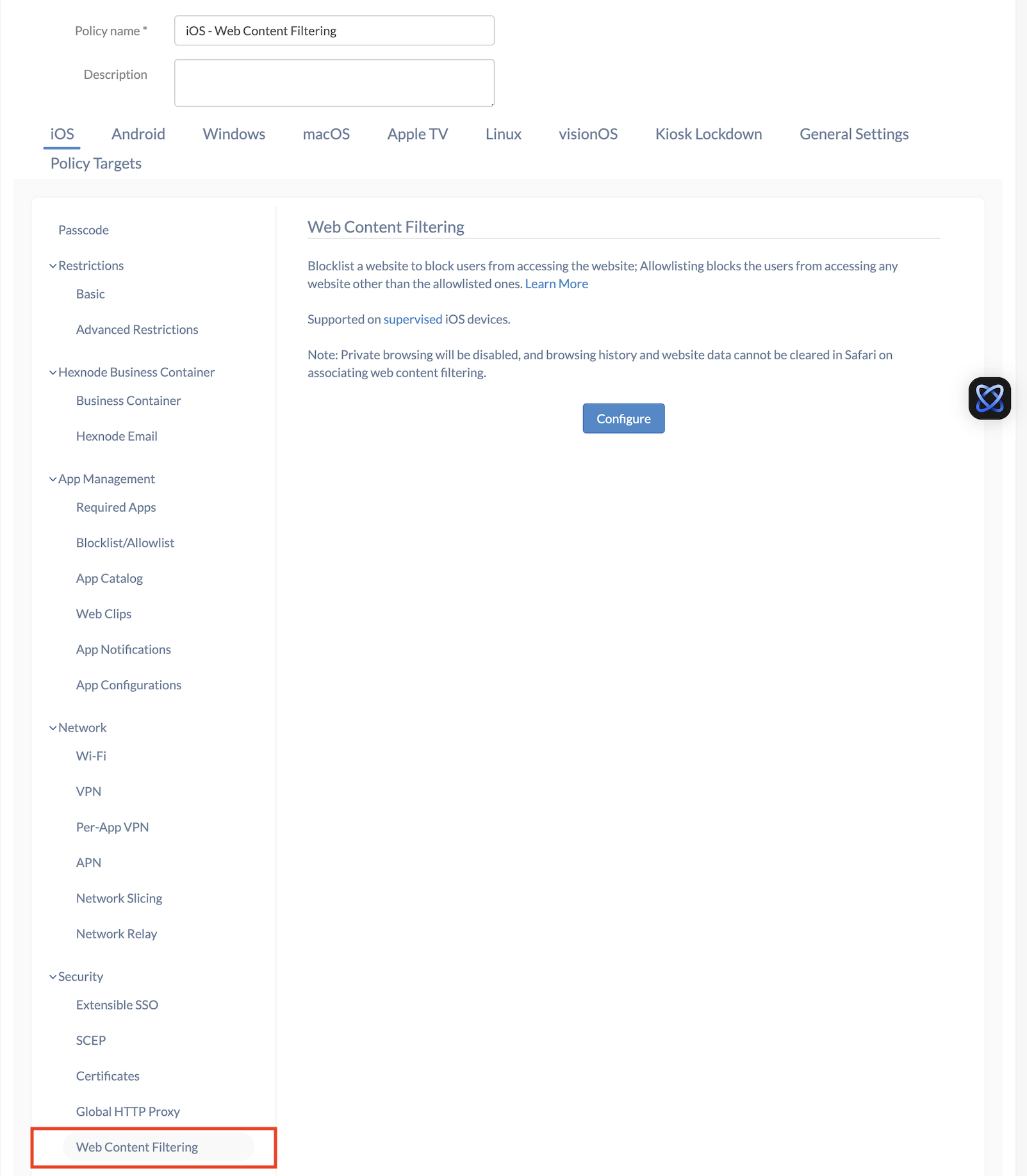 Configuring web content filtering policy on iOS devices via Hexnode UEM console.