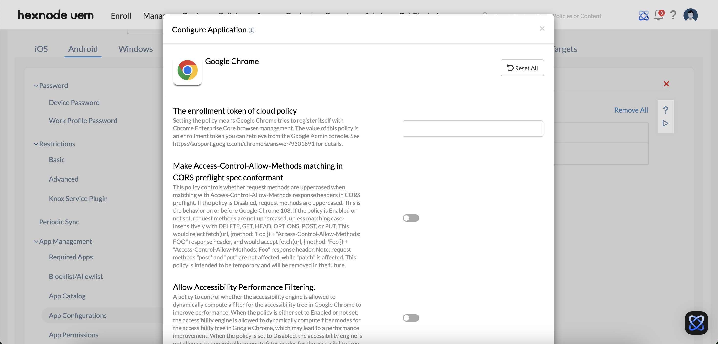 Configuring app configuration for Google Chrome via Hexnode UEM console.