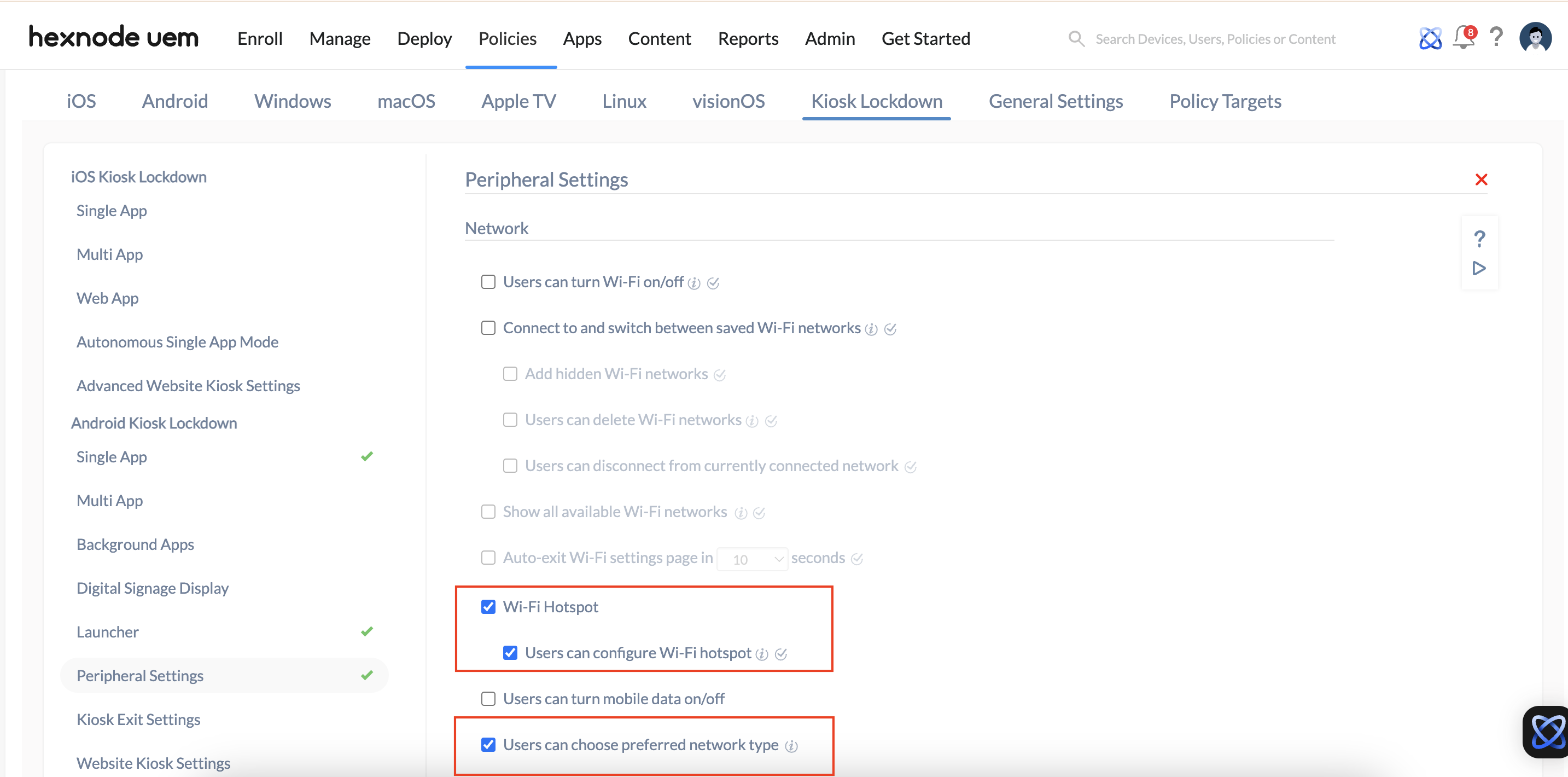 Configuring peripheral settings under Android Kiosk Lockdown.