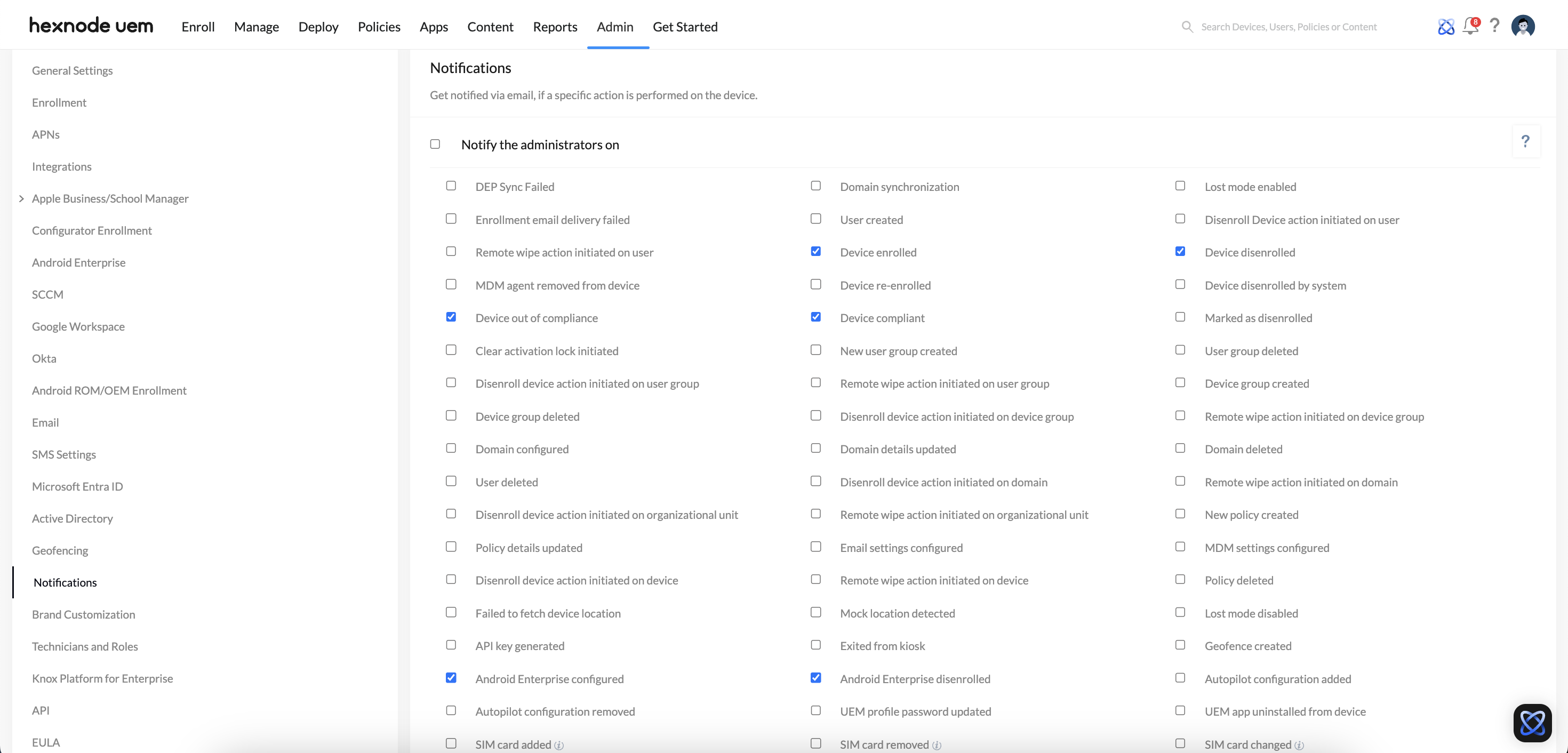 Checked notifications in the Admin tab of Hexnode UEM console.